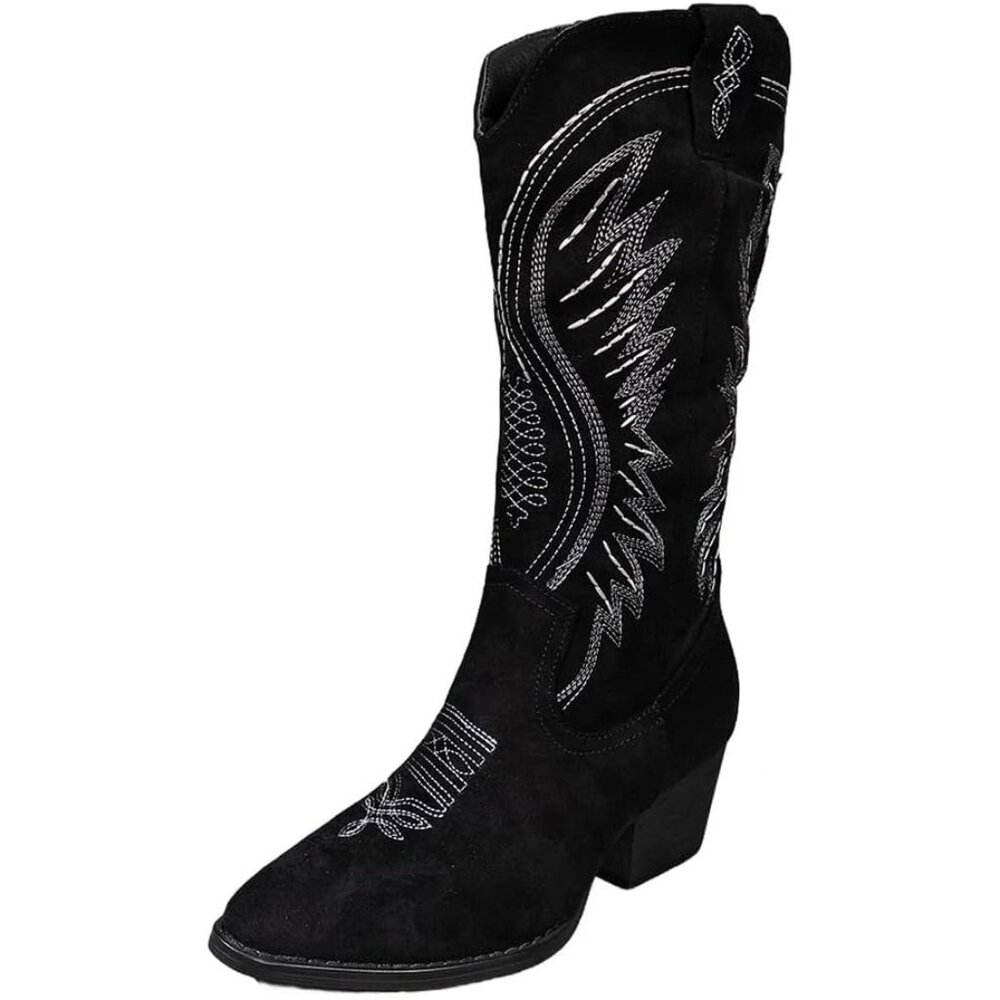⚡Women's Black Solid Color Suede Embroidered Side Zipper High Heeled Boots